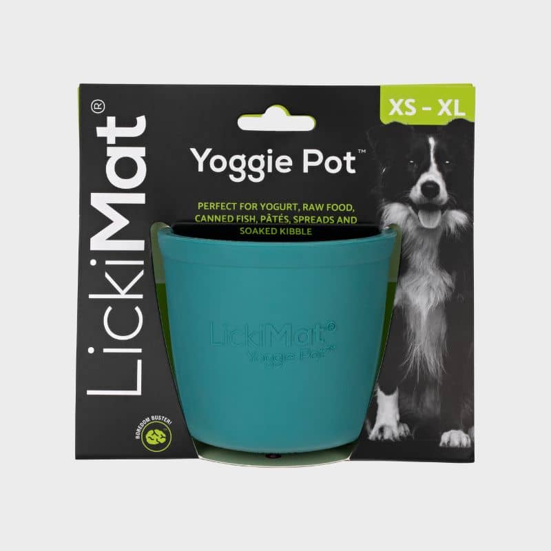 Le Yoggie Pot bleu turquoise de Lickimat est un jouet d'occupation pour chien pouvant être rempli de patée, peanut butter, yahourt ou croquettes et pouvanyt être léché