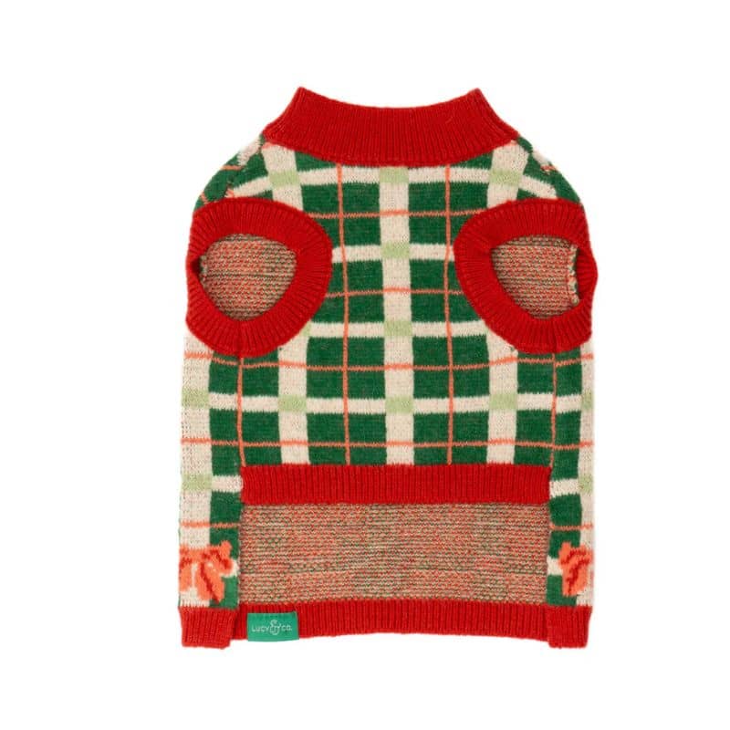 Pull confortable de Noël pour chien de Lucy and co : motif Happy Howlidays en rouge et vert