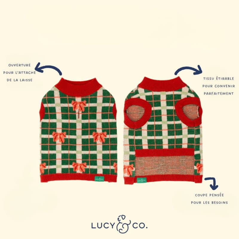 Pull de Noël confortable pour chien de Lucy and co : motif Happy Howlidays rouge et vert