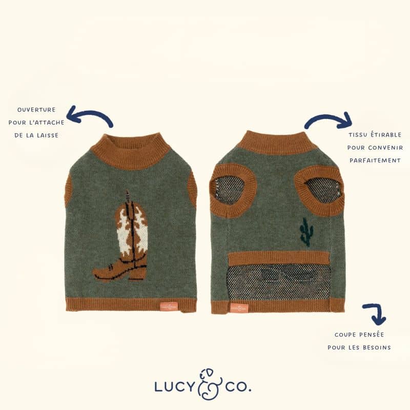 Détails du pull pour chien en gris et marron Giddy Up de Lucy & Co
