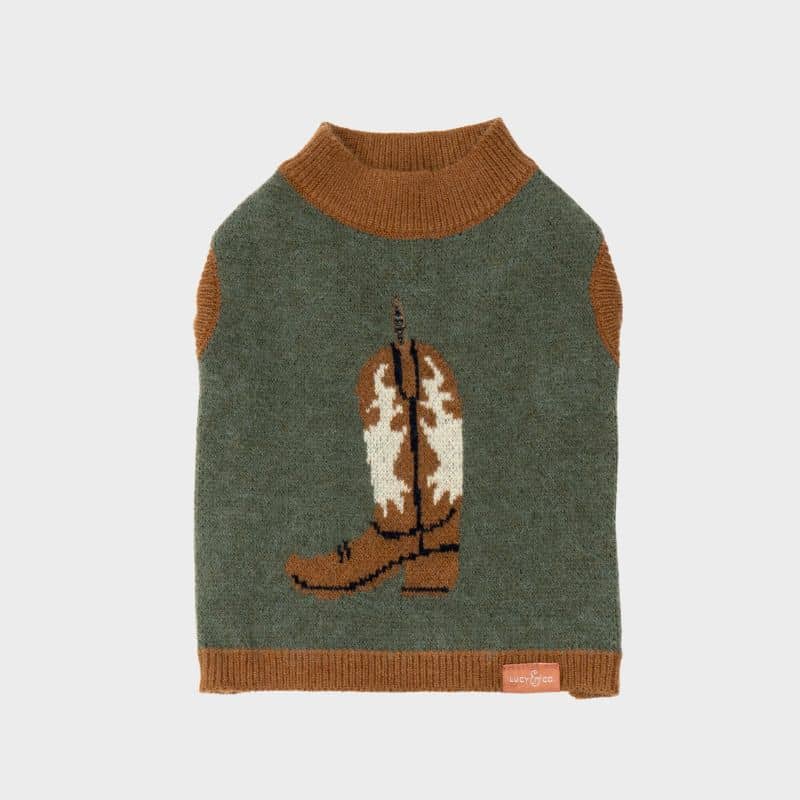 Pull pour chien avec botte de cowboy gris et marron de Lucy & Co