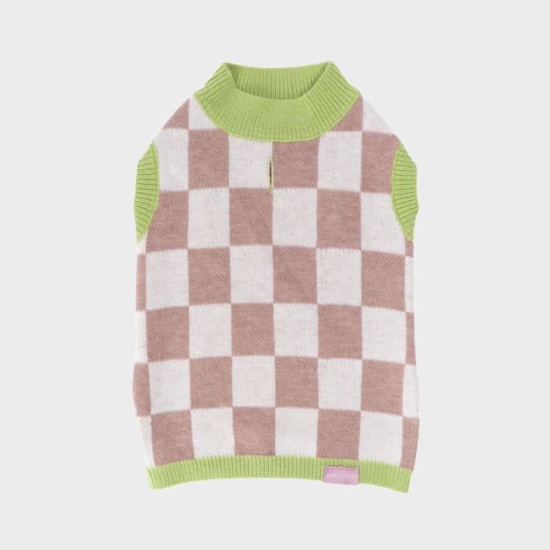 PULL POUR CHIEN LUCY CO DAMIER VERT, BLANC BEIGE