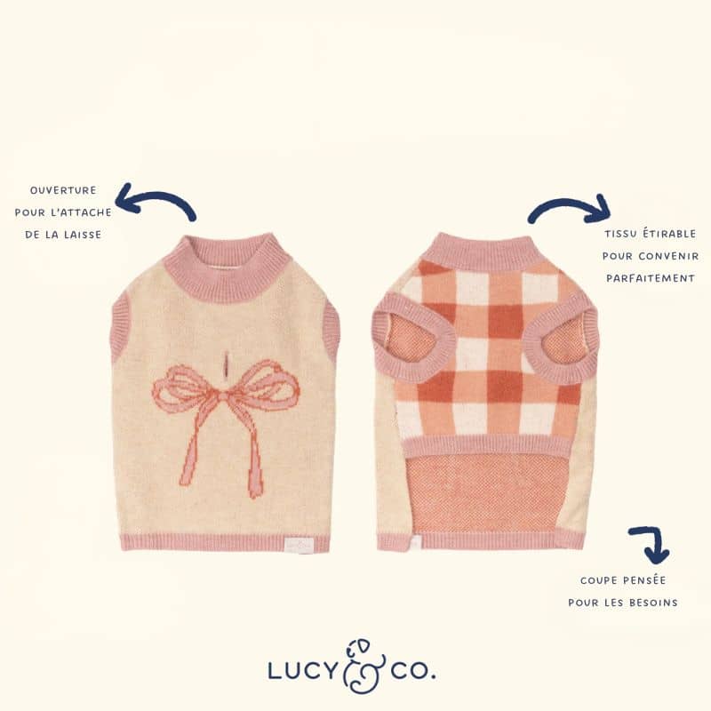 Détails du pull pour chien confortable avec noeud rose Lucy and Co Take a Bow