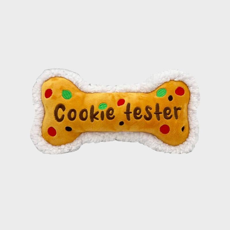 jouet pour chien peluche de noel résistante en forme d'os cookie tester de la marque Lulubelles par Huxley & Kent