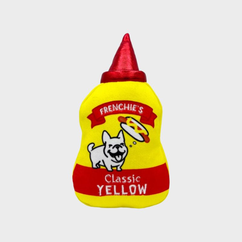 Jouet peluche résistante pour chien en forme de moutarde avec un bouledogue français de la marque lulubelles Huxley & kent : doublure en mesh et coutures renforcées
