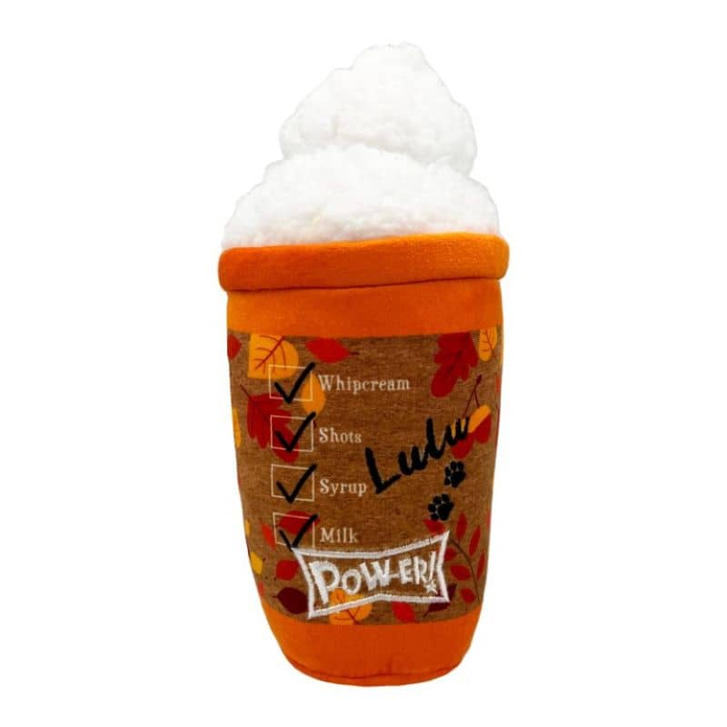 jouet résistant pour chien avec doubles coutures en forme de boisson automnale Pumpkin / Puggin Spice Latte