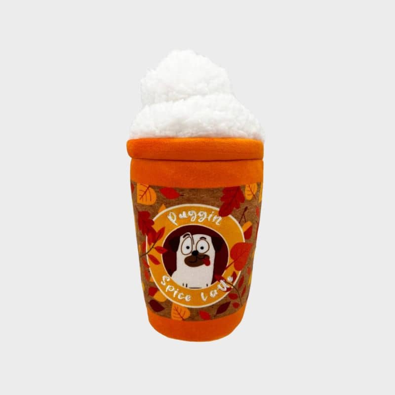 jouet résistant pour chien avec doubles coutures en forme de boisson automnale Pumpkin / Puggin Spice Latte