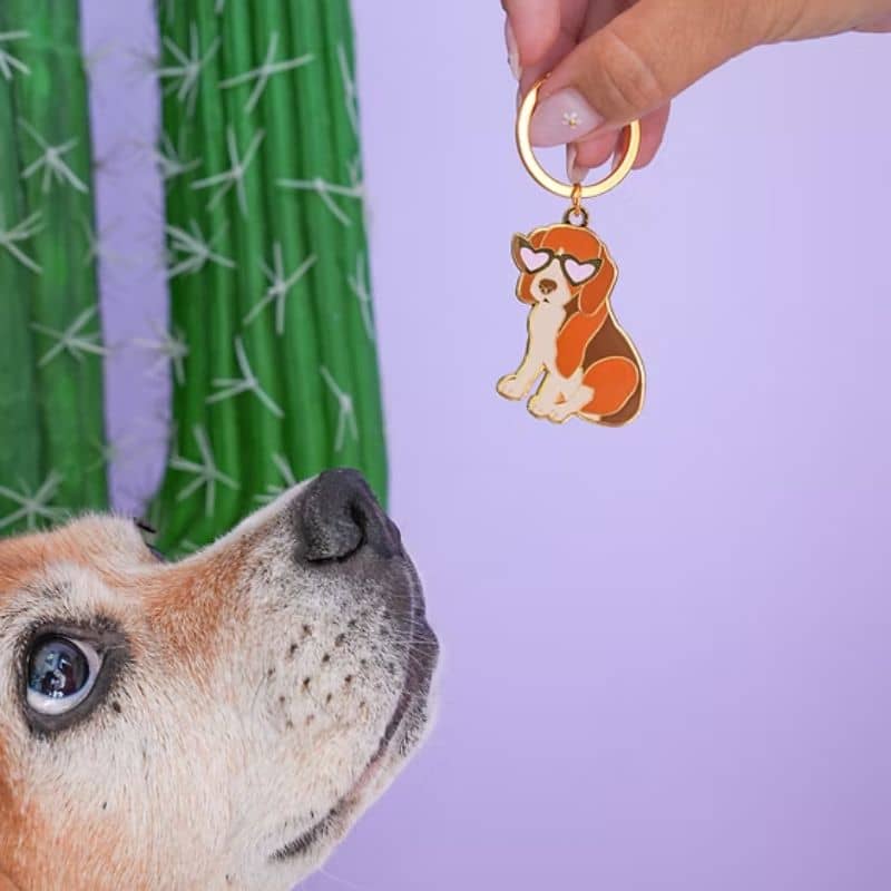 Porte-clé en forme de chien Beagle de Malicieuse avec lunettes en forme de coeur