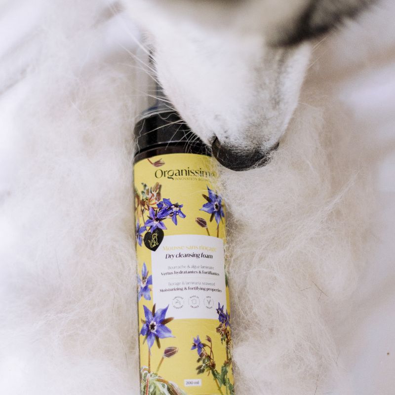 Mousse sans rinçage Organissime par biogance pour chien parfait pour emmener en voyage pour un nettoyage rapide et sans rinçage