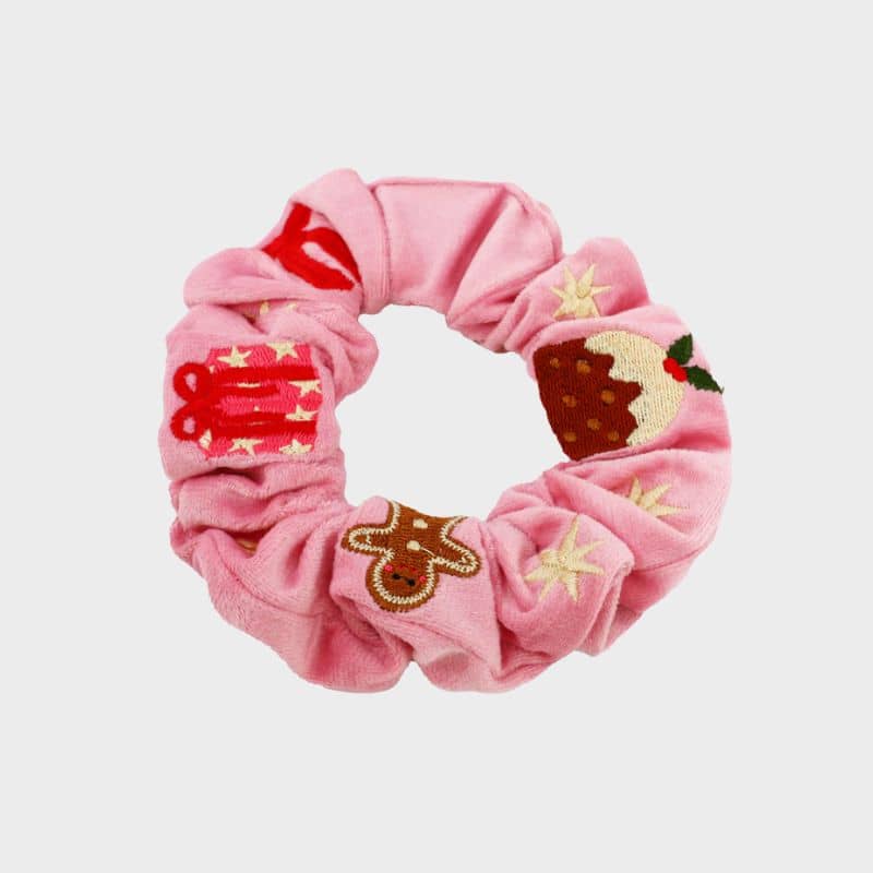 Chouchou de Noël pour cheveux en velours rose et broderie de Noël Collection Merry & Bright de Pablo & Co