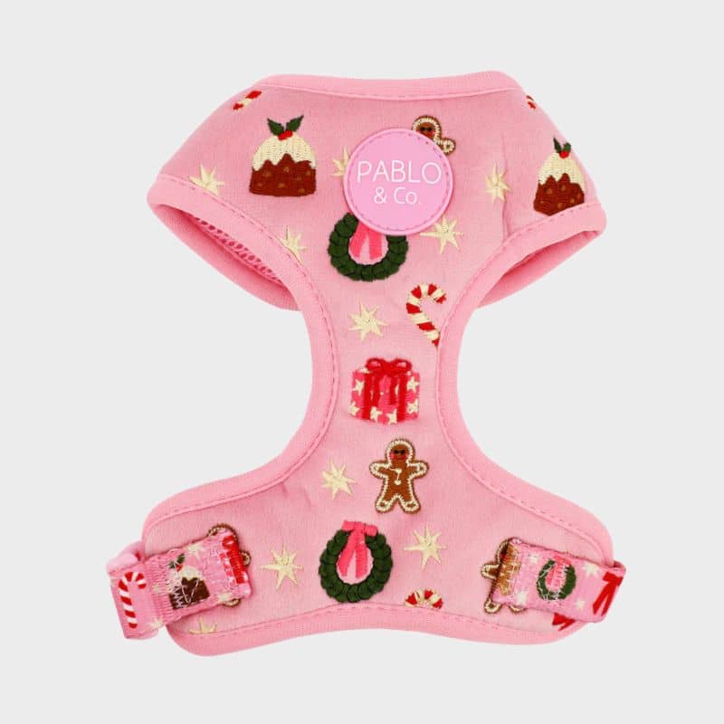 Harnais pour chien en velours rose de Pablo & Co avec broderie de noel collection Merry& Bright