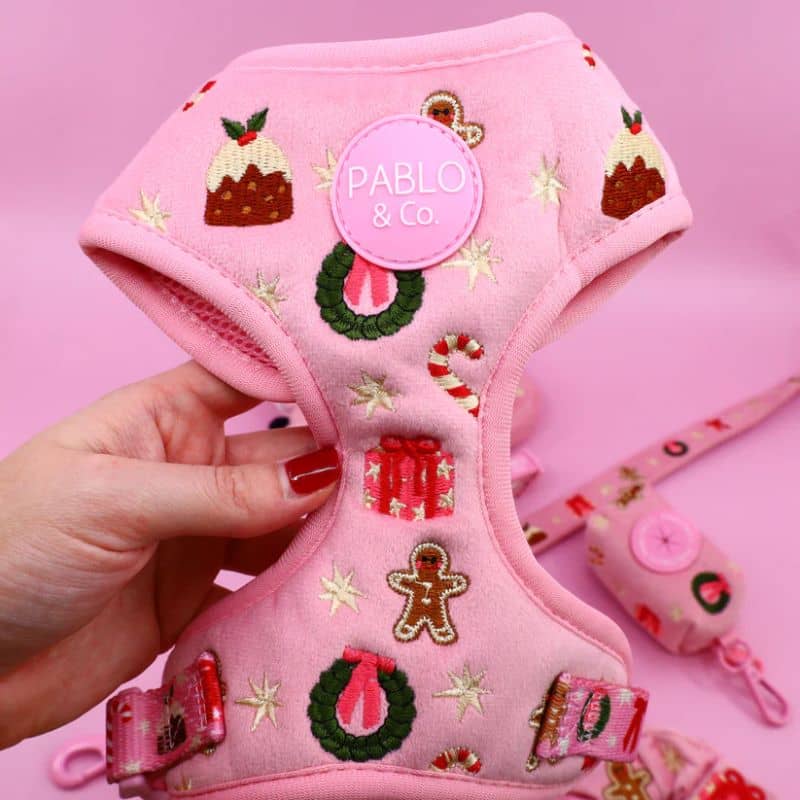 Détail du harnais pour chien en velours rose de Pablo & Co Merry & Bright pour Noel