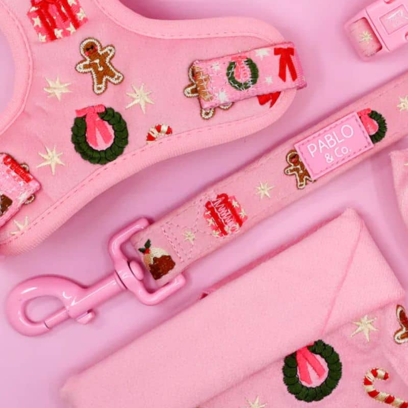 Détail du mousqueton rose de la laisse pour chien de noel de Pablo & Co Merry & Bright