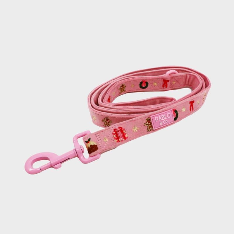 Laisse pour chien en velours rose et broderie sur le thème de noël de Pablo & Co