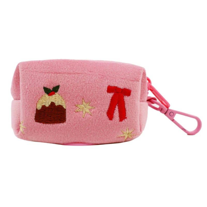 Broderie de Noël sur poop bag pour chien de Pablo & Co en velours rose Collection Merry & Bright