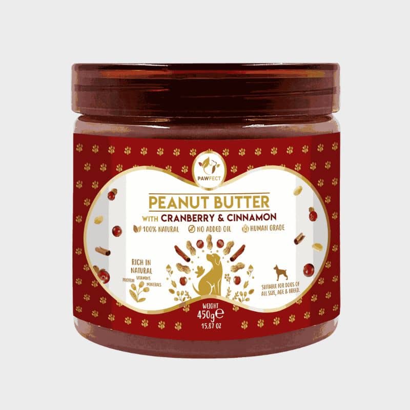 beurre de cacahuetes naturel avec cranberry et cannelle pour chien peanut butter Pawfect idéal pour tapis de léchage et jouet d'occupation à remplir 