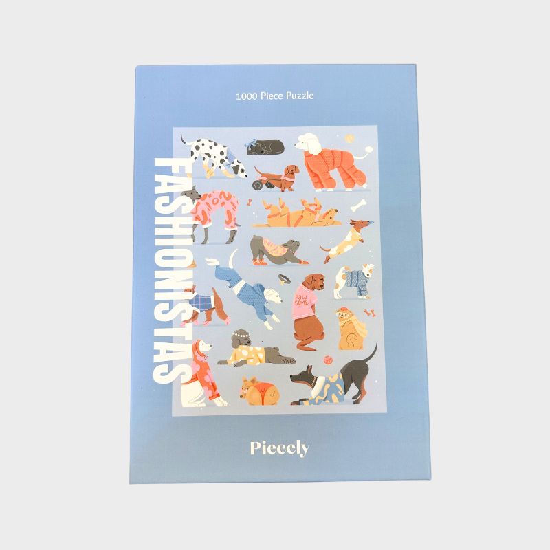 puzzle 1000 pièces motif chien fashionistas dessiné par Marie Zillgens Piecely packaging