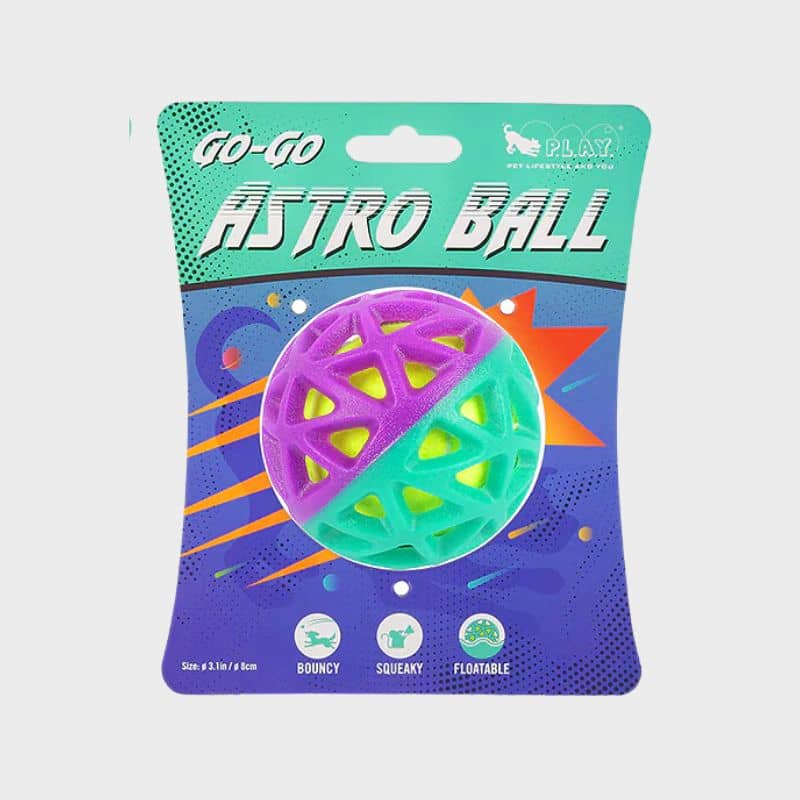 balle 2 en 1 colorée Go Go Astro Ball Play forme nid d'abeille, elle flotte et renferme une balle de tennis qui couine