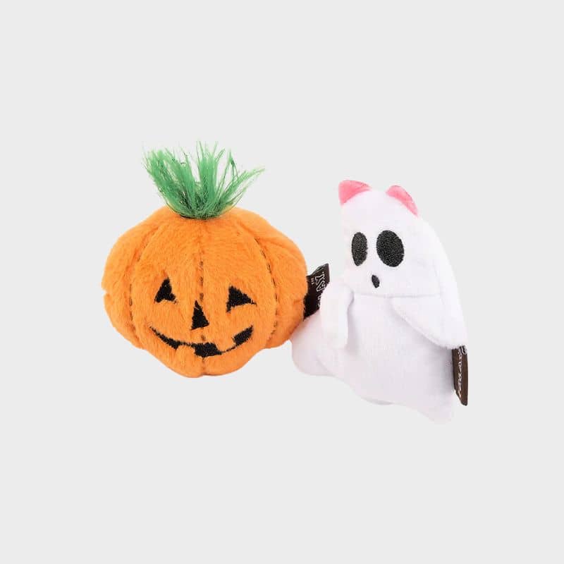 duo de jouets halloween à l'herbe à chat en forme de citrouille et de fantome avec bruit de papier froissé pour stimuler le chat