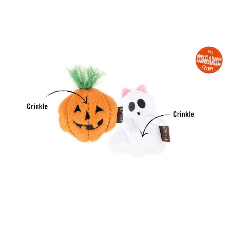 duo de jouets halloween à l'herbe à chat en forme de citrouille et de fantome avec bruit de papier froissé pour stimuler le chat