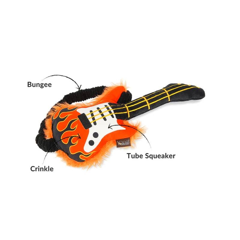 jouet peluche pour chien en forme de guitare qui couine et fait du bruit de papier froissé de la marque PLAY - Rock'n Rollover dans la collection 90's classic