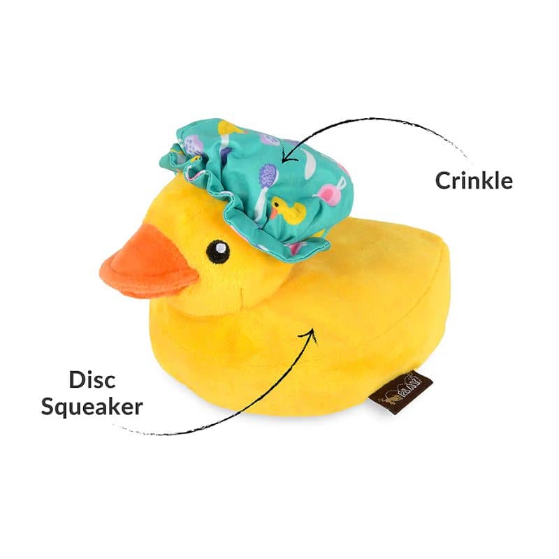 jouet peluche pour chien en forme de canard de bain jaune avec couineur - Bubbles the duck de la collection Splish Splash de Play