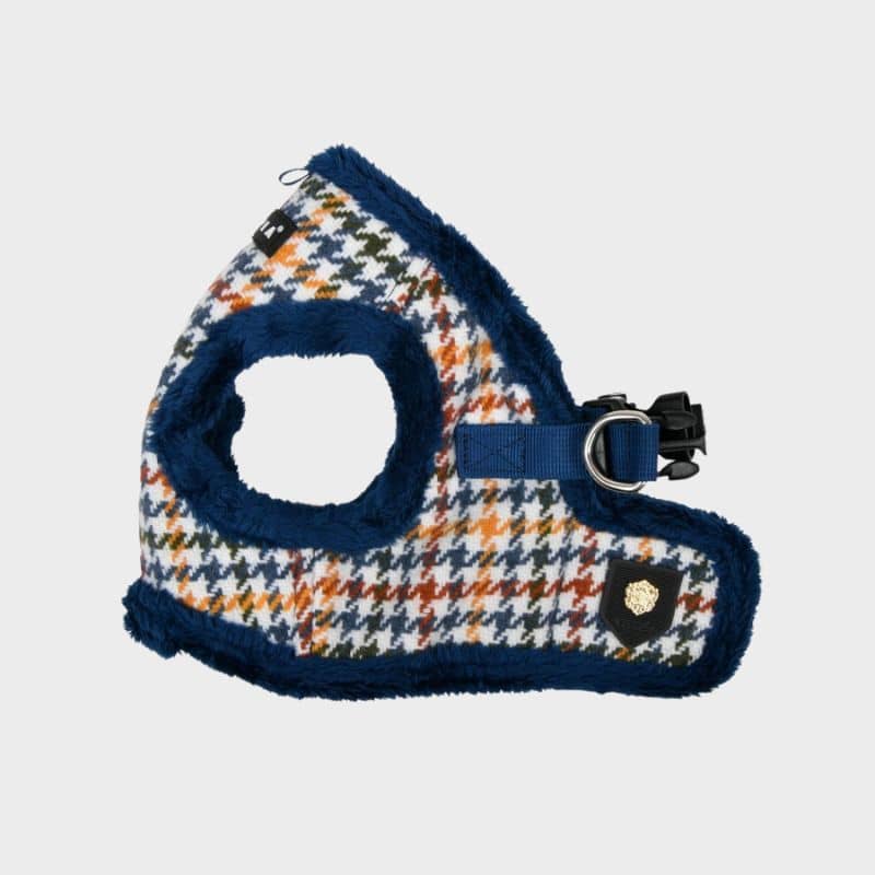 Harnais pour chien motif pied de poule bleu avec fourrure pour l'hiver