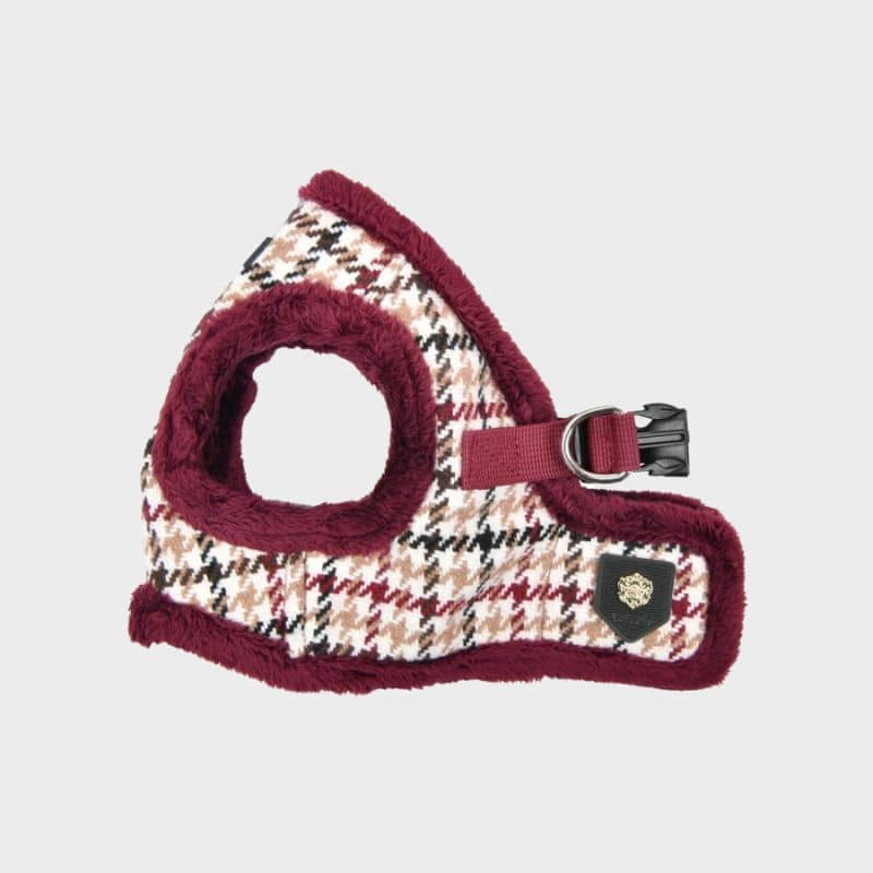 Harnais pour chien motif pied de poule bordeaux avec fourrure pour l'hiver
