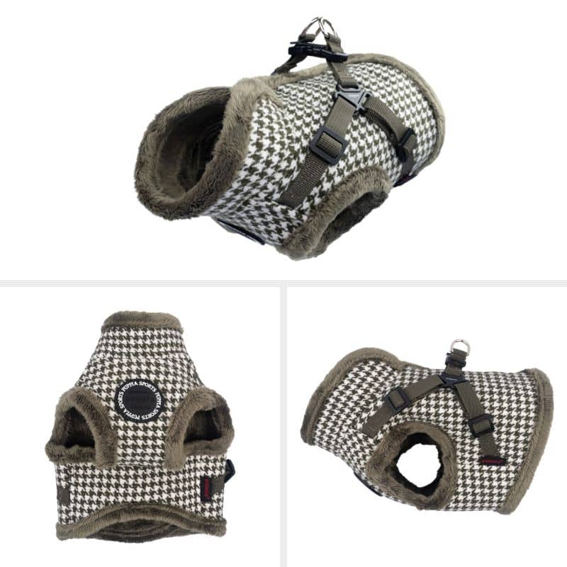 Détails du harnais veste longue pour chien en fourrure kaki motif pied de poule de Puppia - Chic Hound
