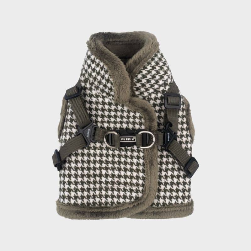 Harnais veste longue pour chien en fourrure kaki motif pied de poule de Puppia
