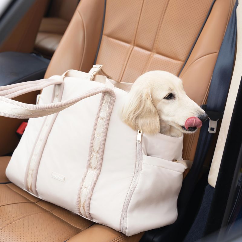 sac de transport pour chien convertible en siège auto et travel mat / tapis de voyage "Everywhere convertible tote bag pet carrier" en beige Pups & Bubs