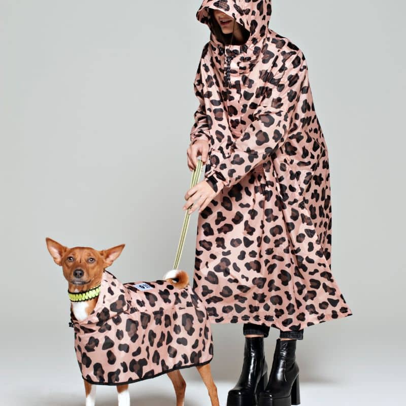 Chien avec son maître avec poncho pour la pluie motif panthère rose de Rainkiss