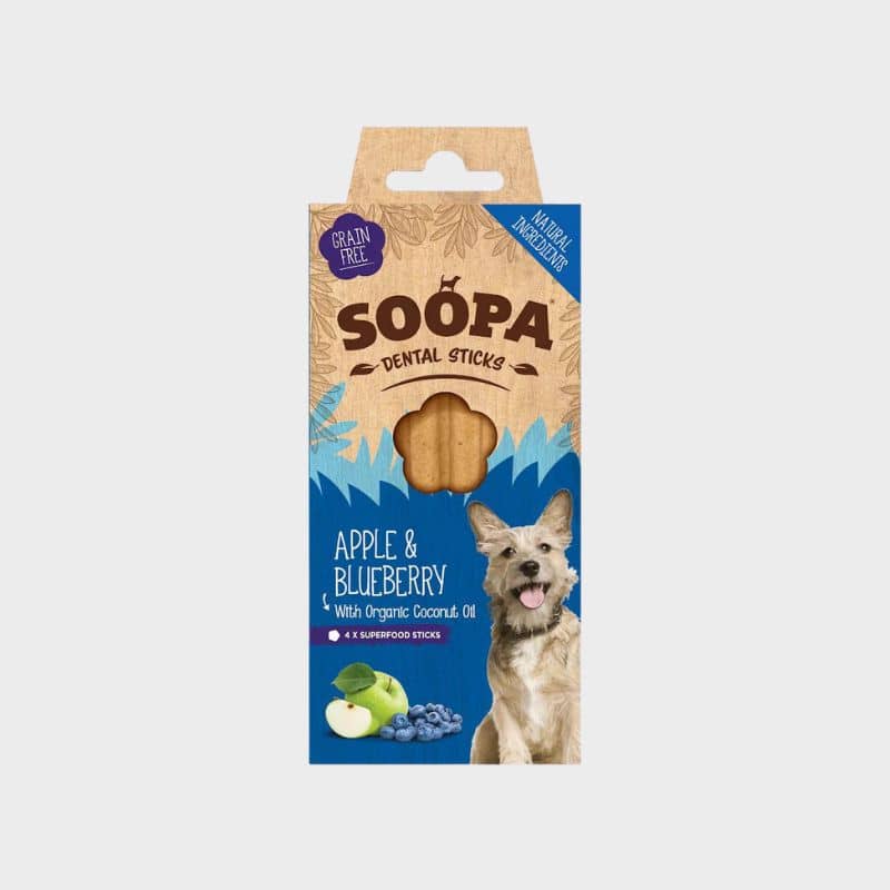 stick dentaire vegan pour chien pour l'hygiène bucco dentaire à la pomme et myrtille Soopa