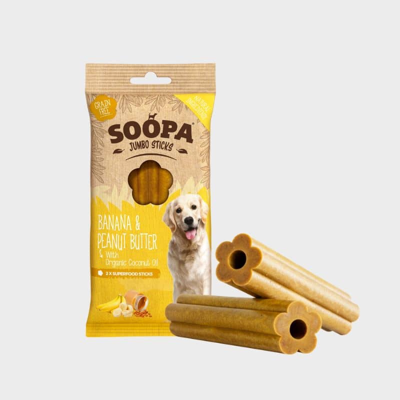 sticks dentaires vegan XXL pour chien à la banane et peanut butter Soopa - dental stick jumbo pour chien de + de 25 kg 