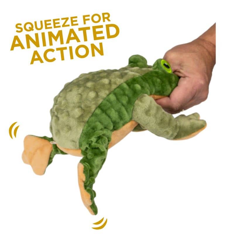 jouet peluche interactive pour chien en forme de grenouille dont les pattes arrière bougent lorsque votre chien appuie sur le squeaker de la marque Tall Tails