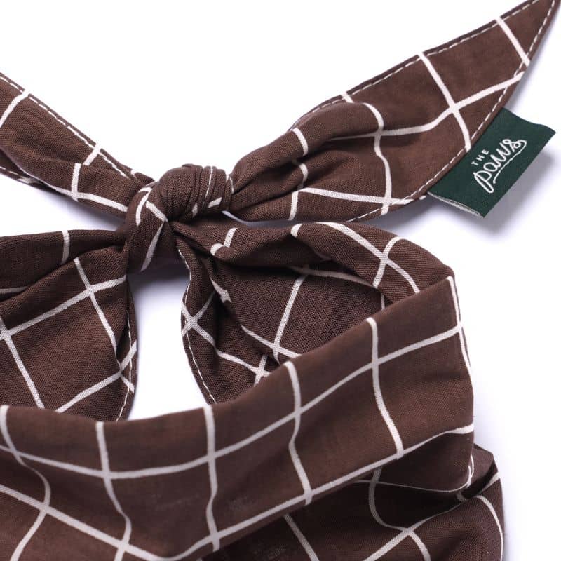 Détail du bandana pour chien de la marque The Paws modèle Stratford en marron avec carreaux et lignes blanches