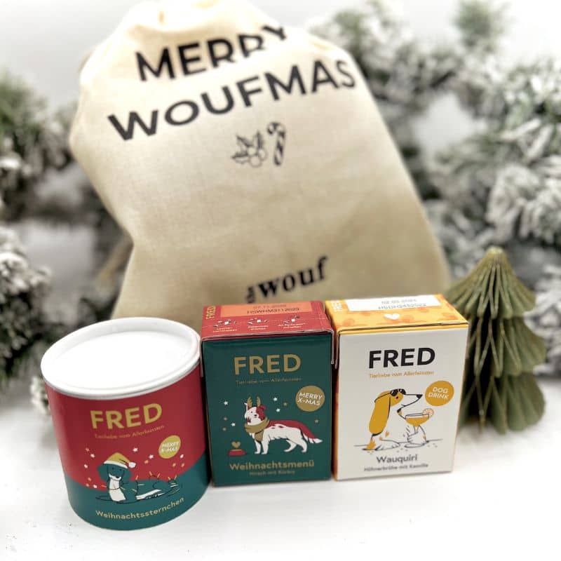 Pochette Merry Woufmas avec kit repas de noel complet pour chien