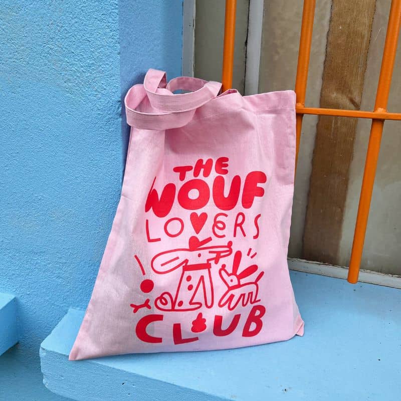 Totebag sac en coton rose chien the wouf lovers club