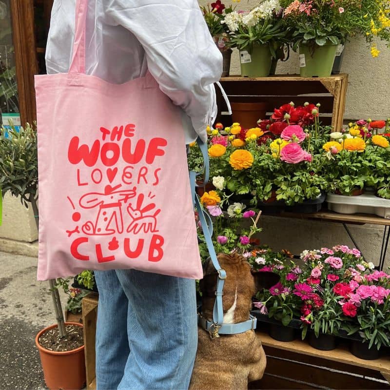 Sac en coton avec chien en rose the wouf lovers club