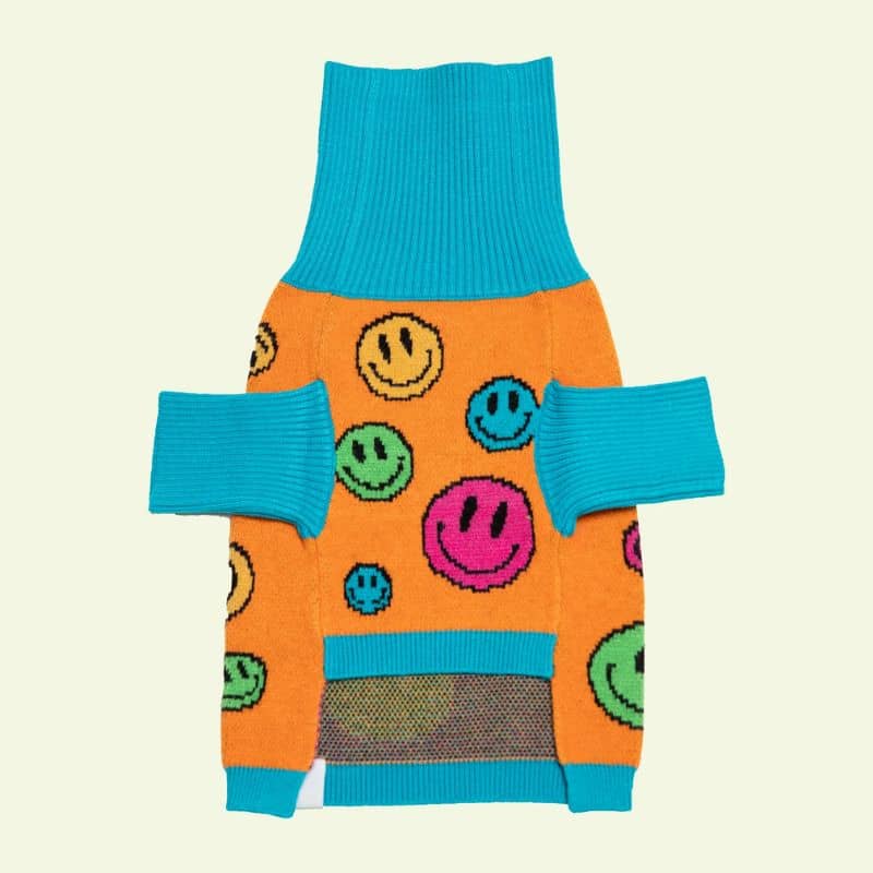 Detail du pull pour chien modèle "How are you feeling?" avec des smileys et bicolore orange et bleu de Toby & Linus