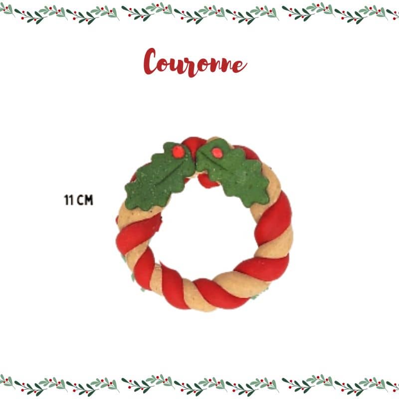 biscuit pour chien aux ingrédients naturels et design Noel Waniyanpi en forme de couronne et houx avec betterave et spiruline