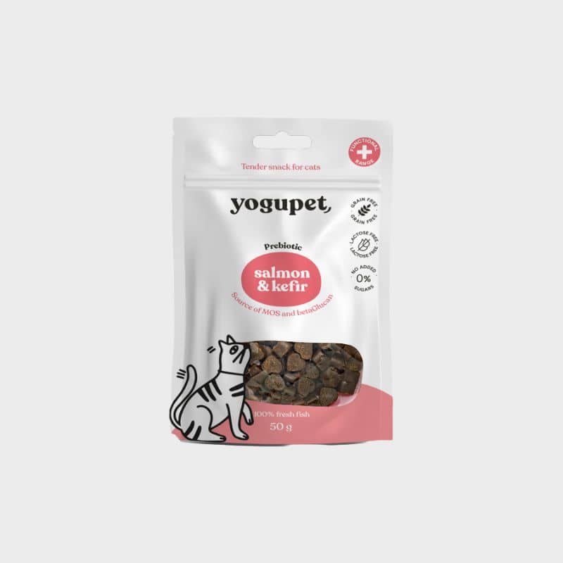 Friandises de la marque Yogupet pour chat à base de saumon et de kéfir, apporte des prébiotiques qui favorisent la digestion