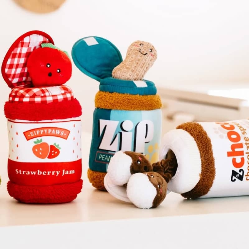 jouets de fouille pour chien en forme de pot de confiture, peanut butter, beurre de cacahuète et pate à tartiner pour cacher des friandises