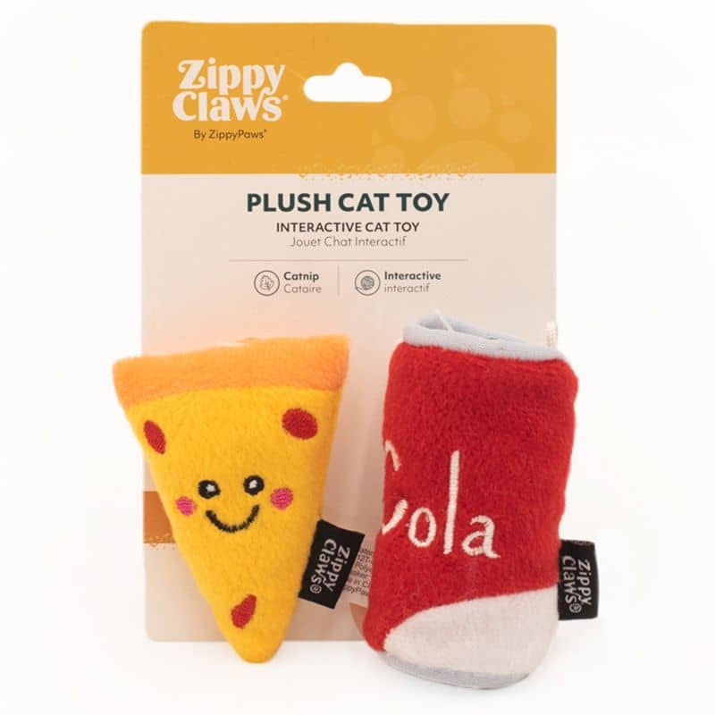 Duo de jouets pour chat en forme de part de pizza et une canette de coca à l'herbe à chat de la marque Zippyclaws