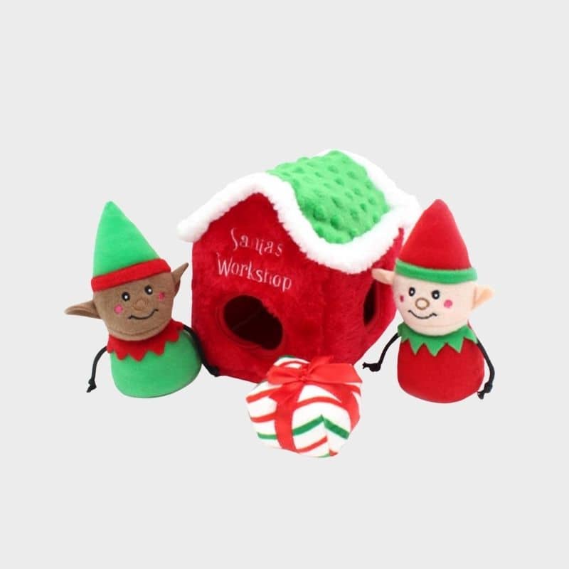 Jouet interactif pour occuper son chien en forme de maison dans lequel cacher des friandises et 3 mini peluches luti et cadeau 