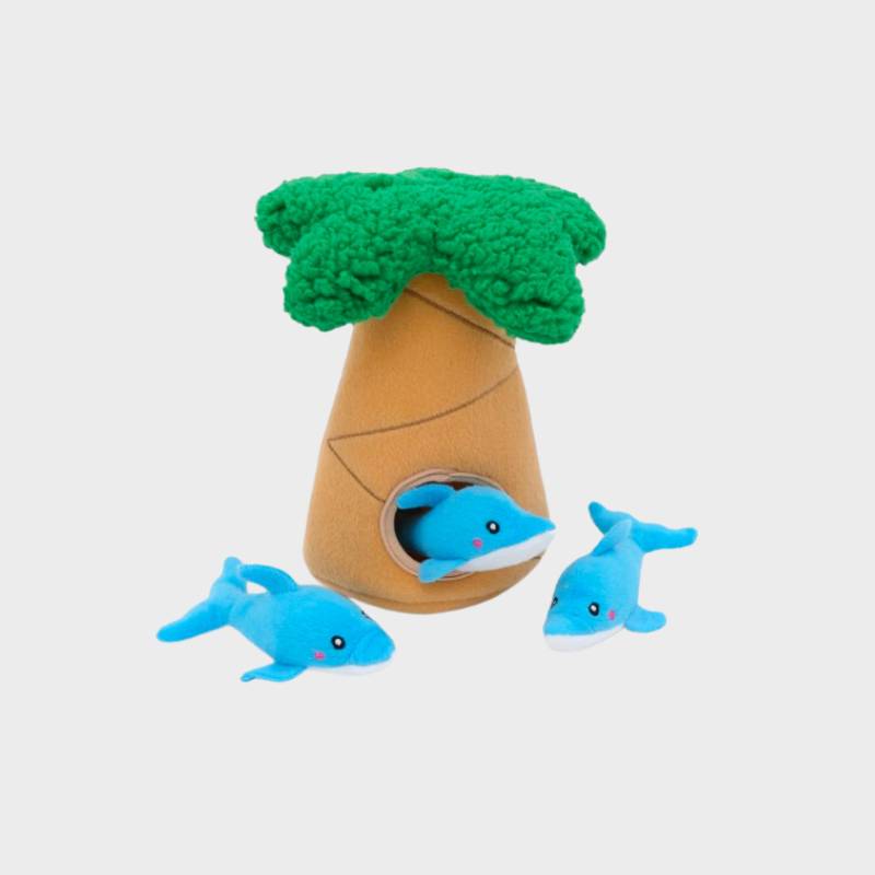 jouet d'occupation pour chien peluche à cachette en forme de palmier et 3 dauphins qui couinent Zippypaws