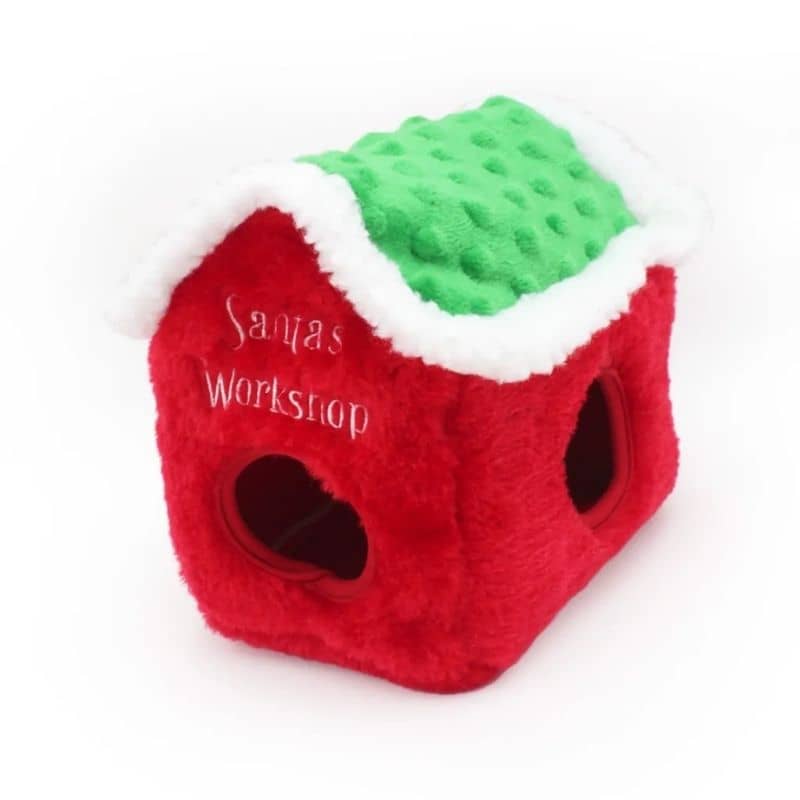 Peluche de fouille pour occuper son chien en forme de maison dans lequel cacher des friandises et 3 mini peluches luti et cadeau * Zippypaws Burrow Santa workshop
