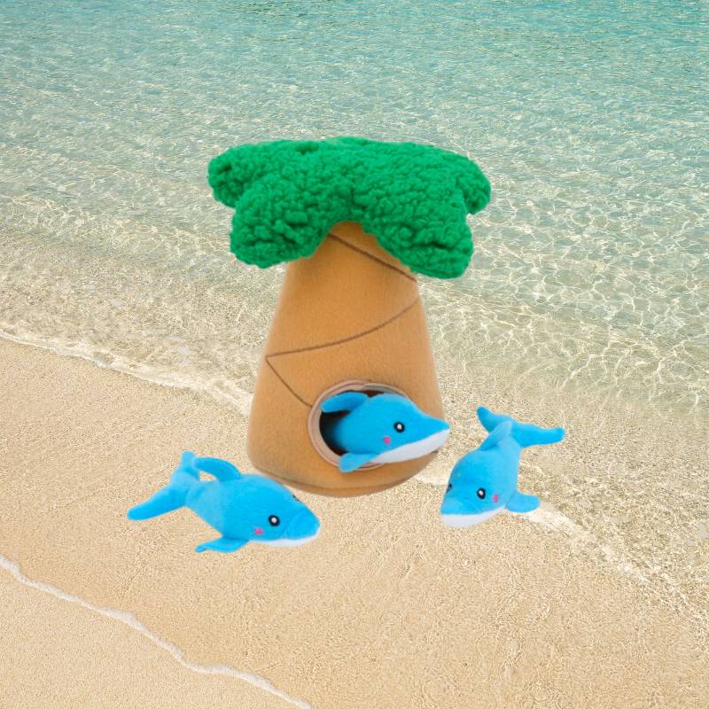 jouet d'occupation pour chien peluche à cachette en forme de palmier et 3 dauphins qui couinent Zippypaws
