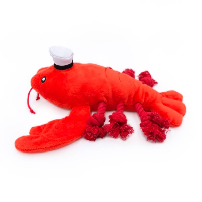 jouet peluche pour chien Luca Lobster Zippypaws en forme de homard avec un couineur, un bruit de papier froissé dans les pinces et les pattes en corde