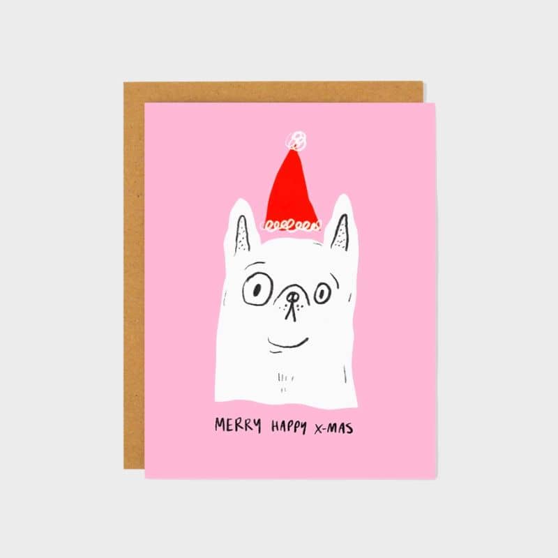Carte de Noel avec chien et un chapeau de Père-Noel - Merry Happy X-mas